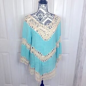 Vivid detail importers aqua and cream crochet detail tunic swim coverup medium